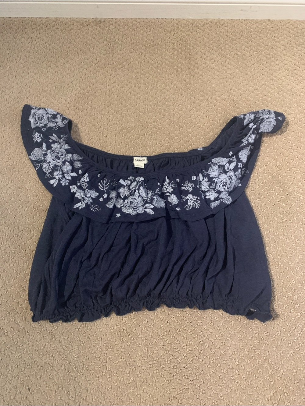 Garage Navy Blue Off-Shoulder Floral Embroidered Crop Top